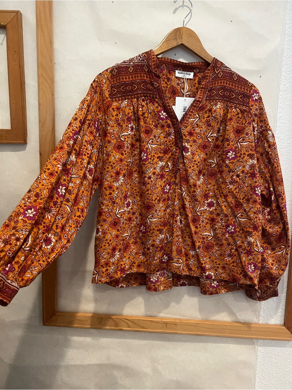 mittoshop Burnt Orange Brown Cream Floral Peasant Blouse with Plum Trim Small NW